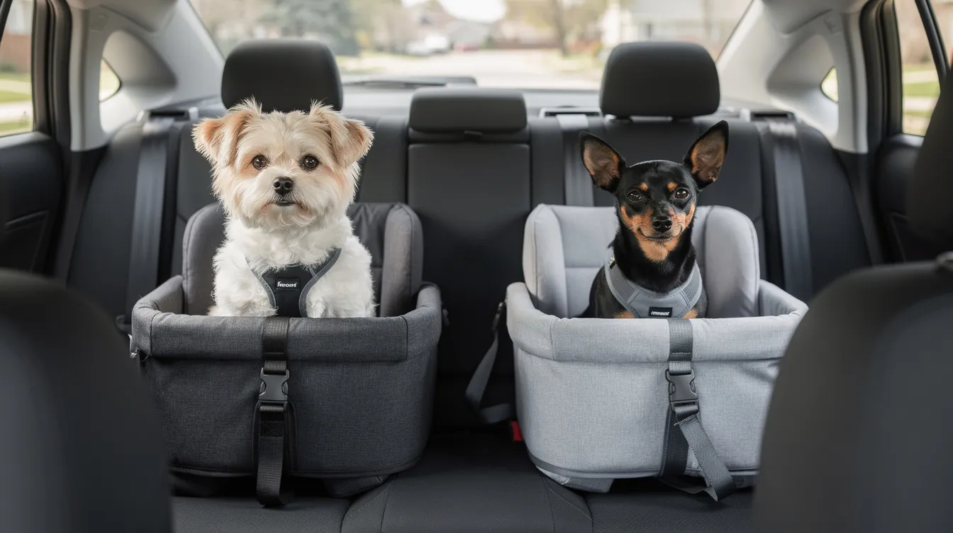 Two small dogs are comfortably seated in their own premium dog car seats, positioned side by side on the rear bench of a vehicle. Each booster seat provides a secure and safe place for the pets, ensuring their comfort while travelling.