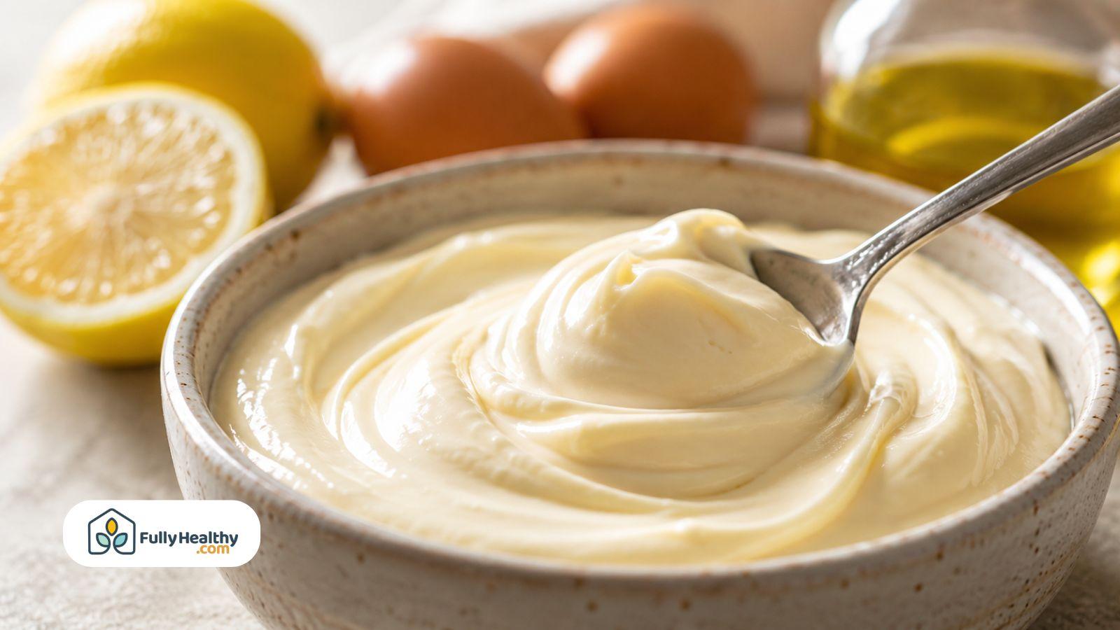 Creamy homemade mayonnaise made with egg yolks, oil, and fresh lemon juice.