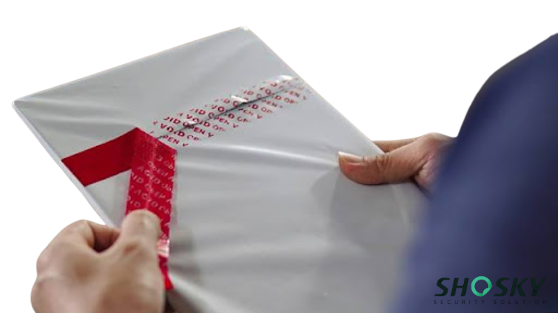 applying custom tape on bag