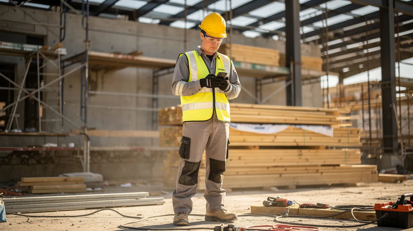 A construction apprentice at a job site using his smartphone to track his hours and log his progress.