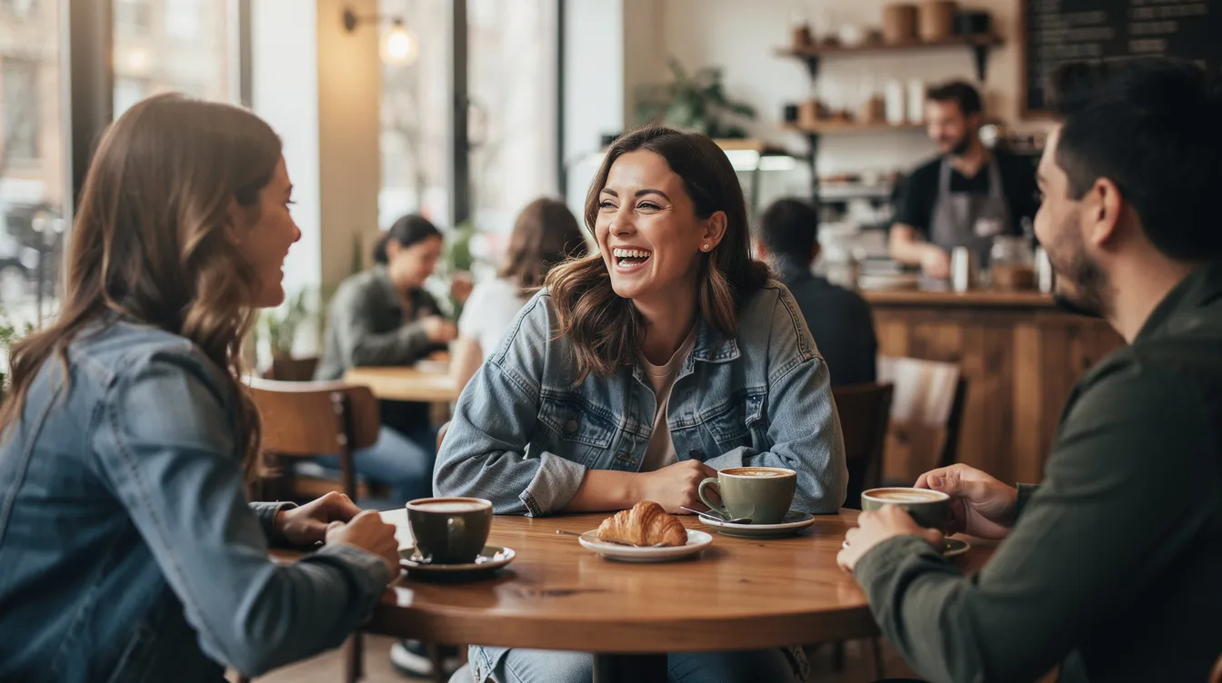 A woman sits at a cozy coffee shop, surrounded by friends, enjoying precious moments together. They share laughter and conversation, creating new memories while supporting each other through life's ups and downs, reflecting on past relationships and the importance of moving forward.