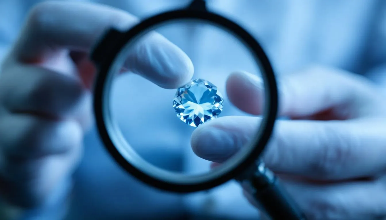 A close-up view captures hands carefully examining a gemstone using a jeweler's loupe, highlighting the intricate details and quality of the stone, essential for jewelry appraisal and grading reports. This professional appraisal practice ensures accurate assessments for insurance purposes and reflects the expertise of a graduate gemologist.