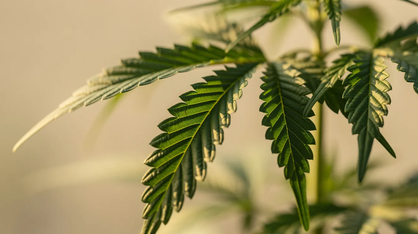 The image features vibrant green hemp plant leaves illuminated by natural sunlight against a clean background, highlighting their healthy appearance. These hemp leaves are essential for producing hemp-derived CBD products, which may influence how long CBD stays in your system.