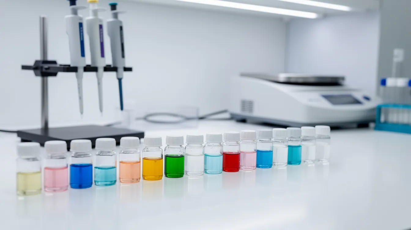 The image features a clean white countertop adorned with various laboratory glass vials and scientific testing equipment, indicative of research into cannabinoids derived from the hemp plant. This setup suggests a focus on analyzing chemical compounds such as THCA and delta 9 THC, relevant to discussions around industrial hemp and South Dakota's evolving cannabis laws.
