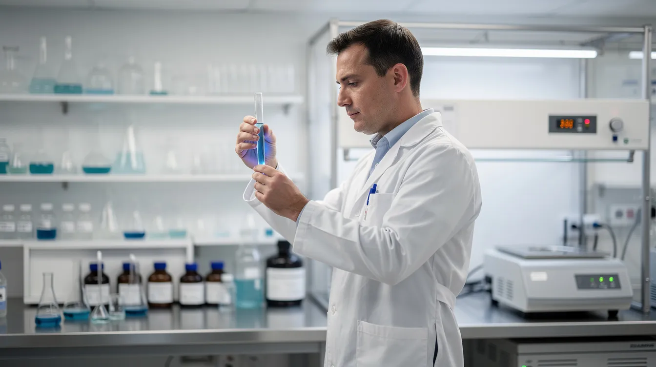 A scientist in a white lab coat is carefully examining a liquid sample under bright lights in a modern laboratory. The setting is equipped with various scientific instruments, reflecting the advanced research in the cannabis industry, including studies on hemp derived products and their legal implications in Illinois.