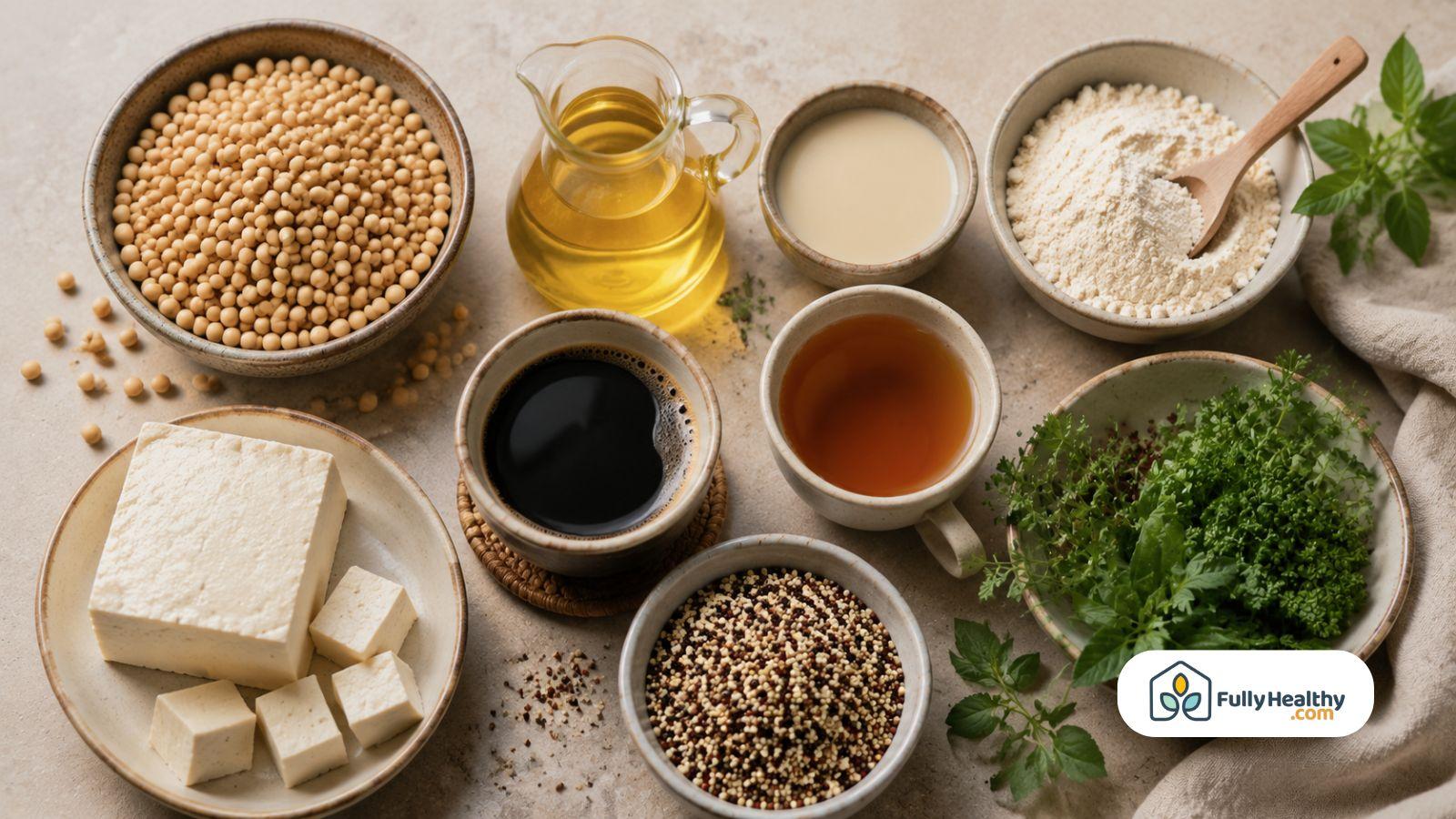 Soybeans tofu quinoa herbs soy flour and drinks arranged together