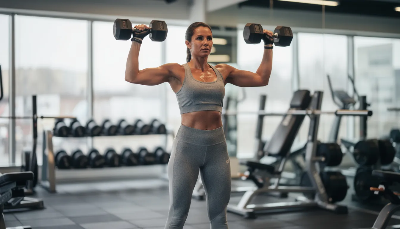 A woman is engaged in a strength training exercise, lifting dumbbells to enhance her muscle strength and promote muscle growth. This image highlights the importance of resistance training in increasing muscle mass and improving overall exercise performance.