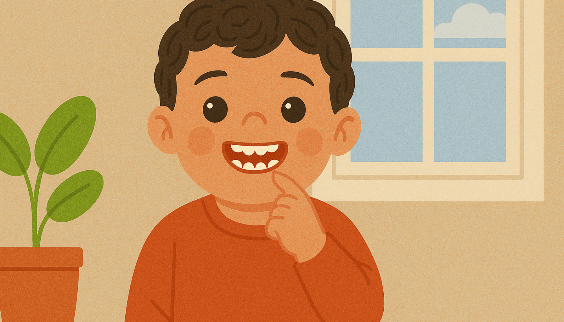 Smilende småbarn viser melketenner i munnen mens det peker på tennene i et lyst rom med vindu.