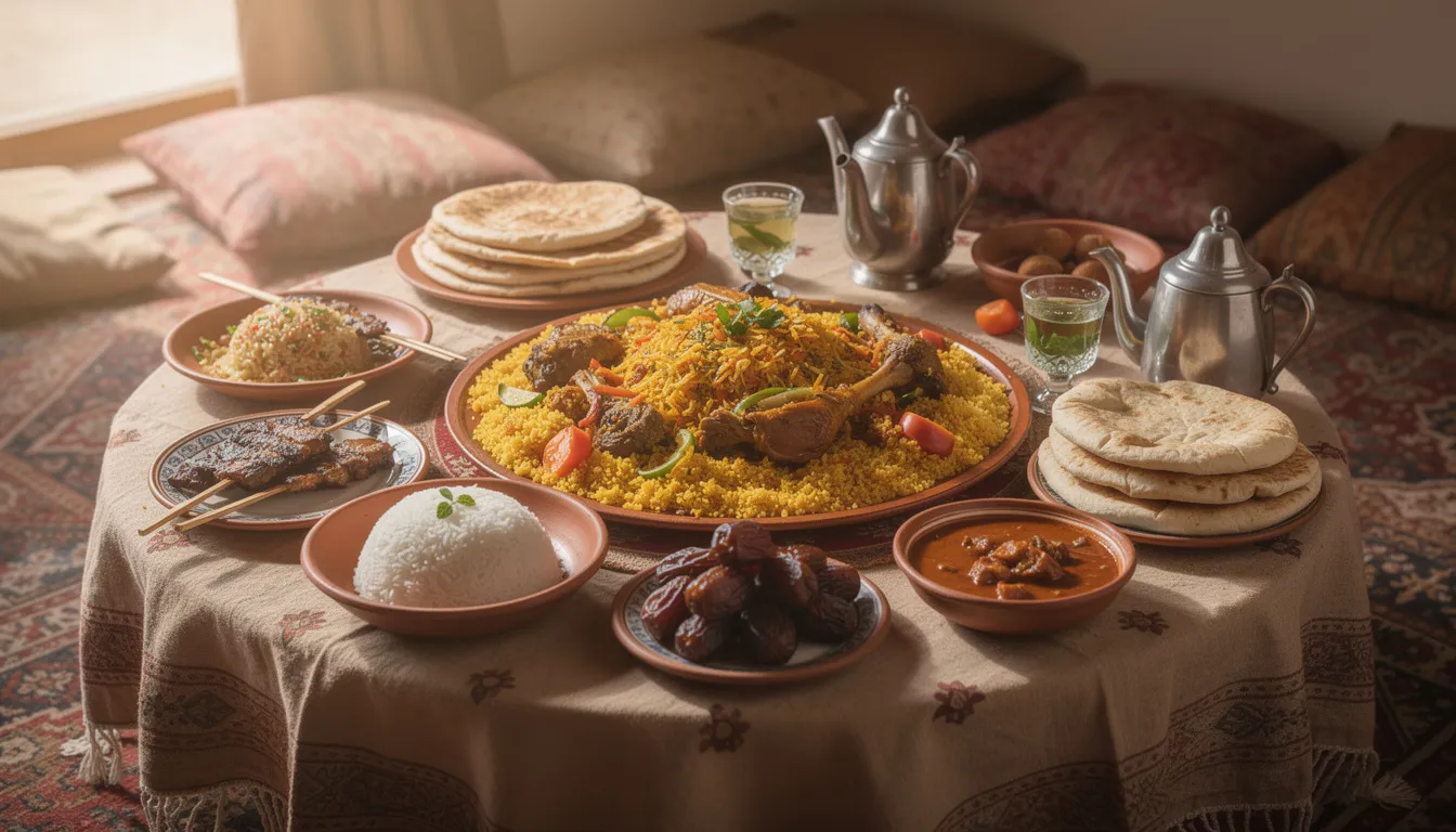 La imagen muestra una mesa tradicional mauritana, decorada con diversos platos típicos de la gastronomía de Mauritania, incluyendo carne, arroz, verduras y couscous, listos para una comida familiar. La variedad de colores y sabores refleja la rica diversidad culinaria de África Occidental, destacando ingredientes como el cordero, el pescado y las especias.