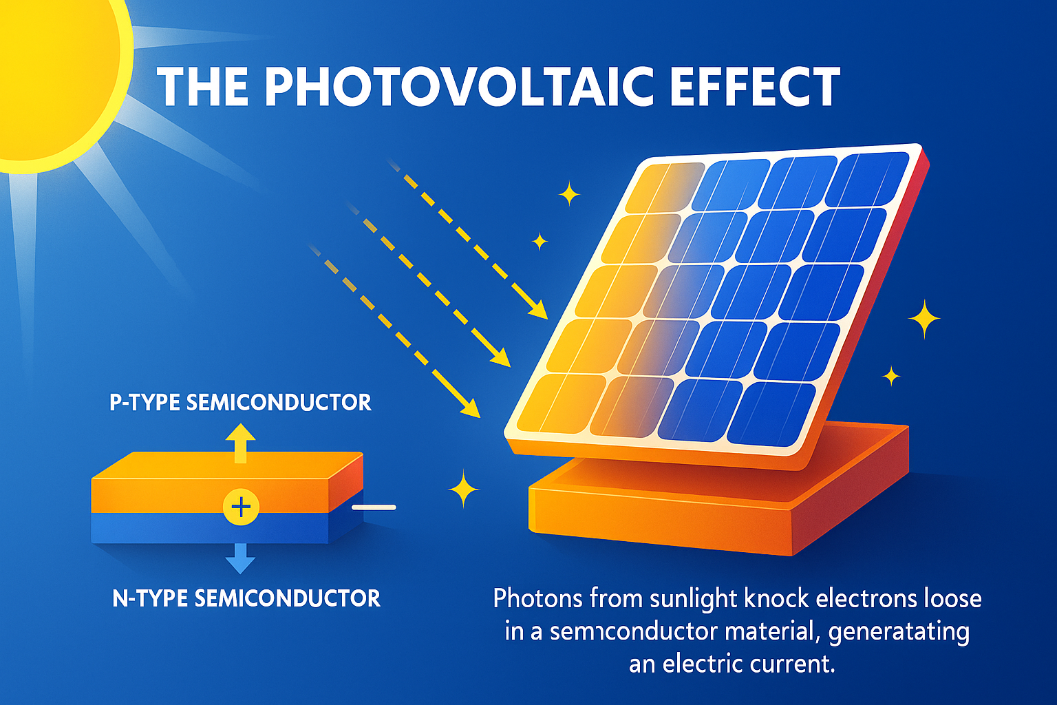 Diagram illustrating how solar panels work and the photovoltaic effect.