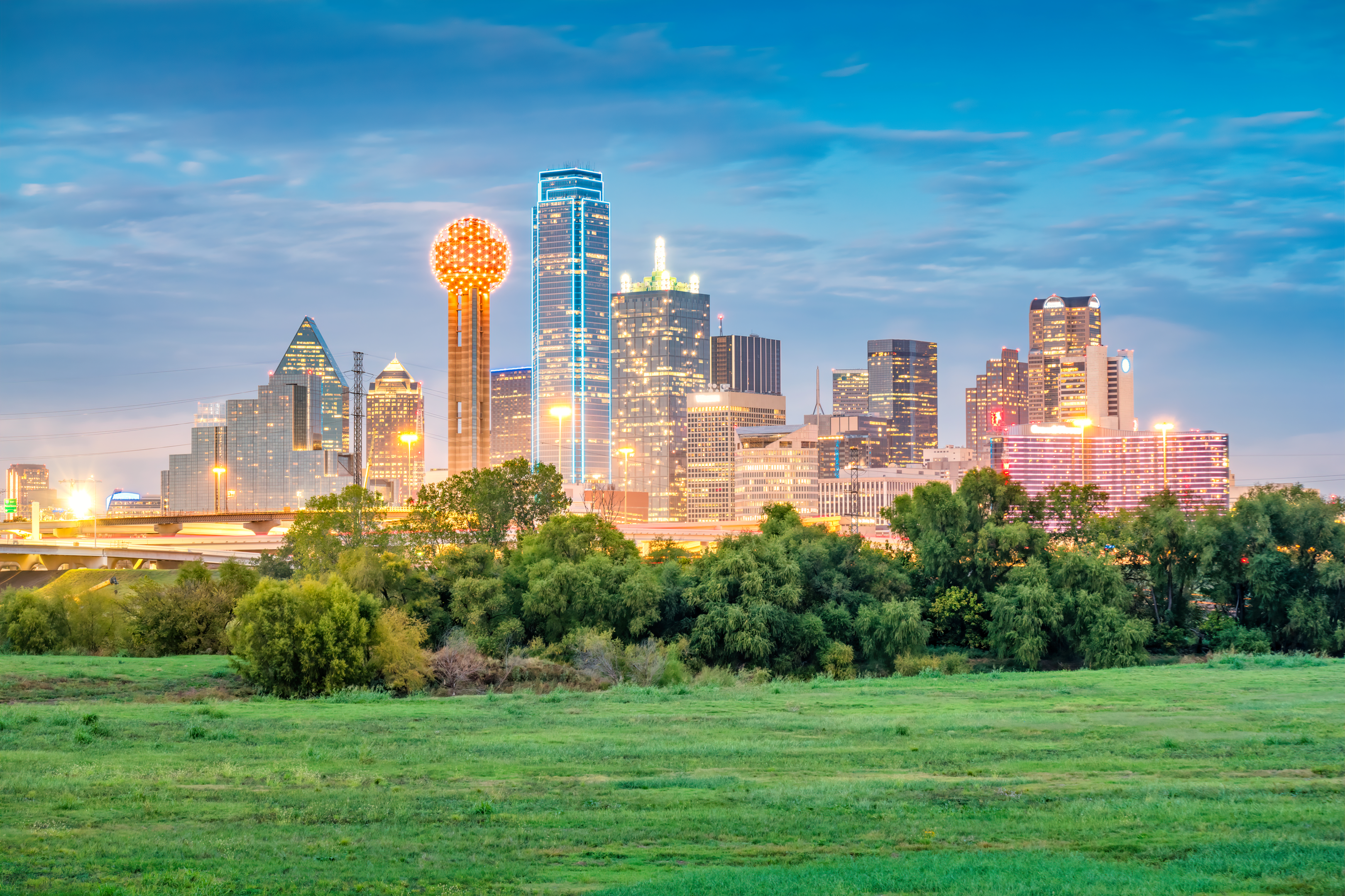 Skyline of downtown Dallas Texas USA with a green park