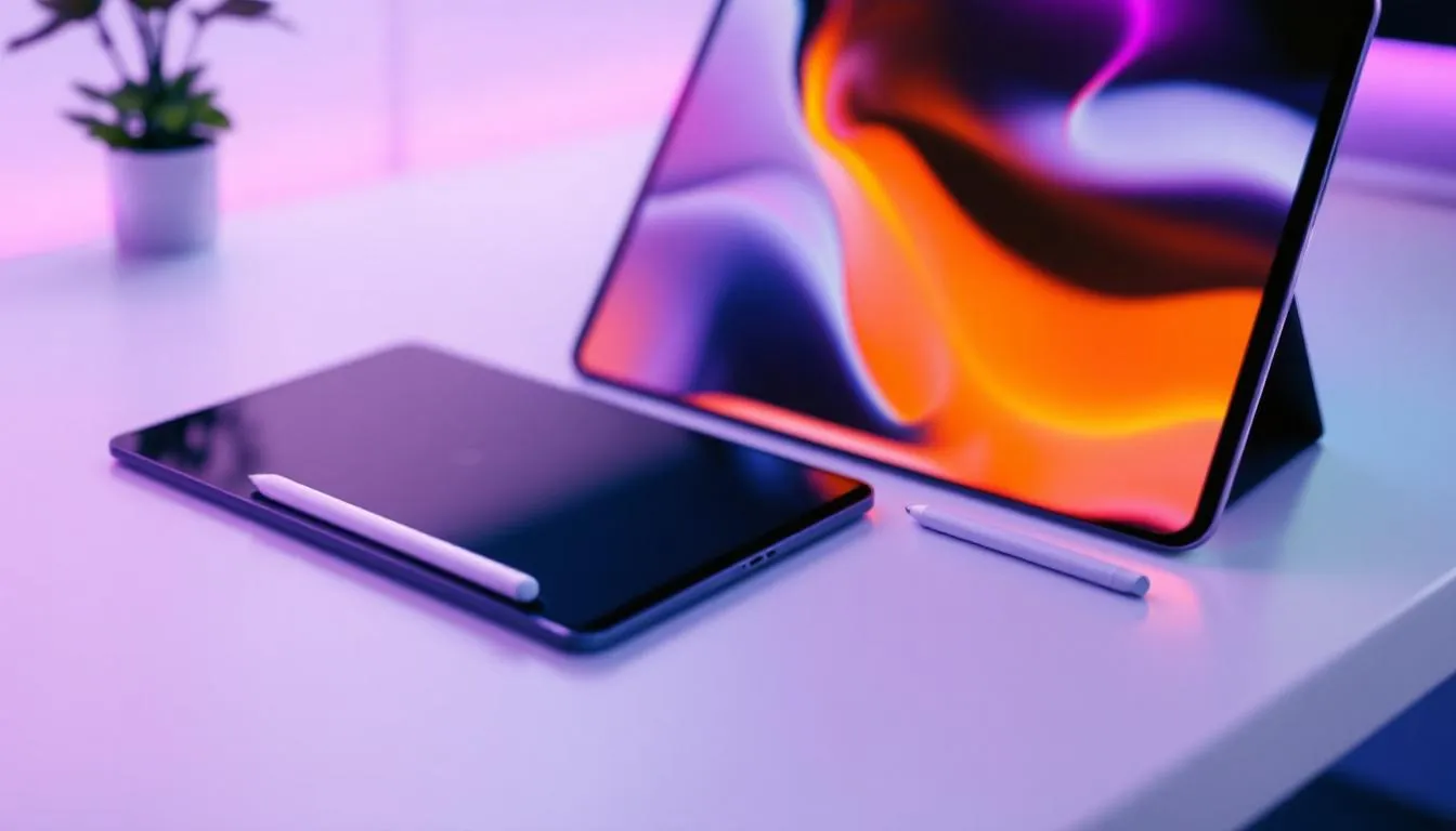 Accessoires pour iPad Pro, incluant un Apple Pencil et un Magic Keyboard.