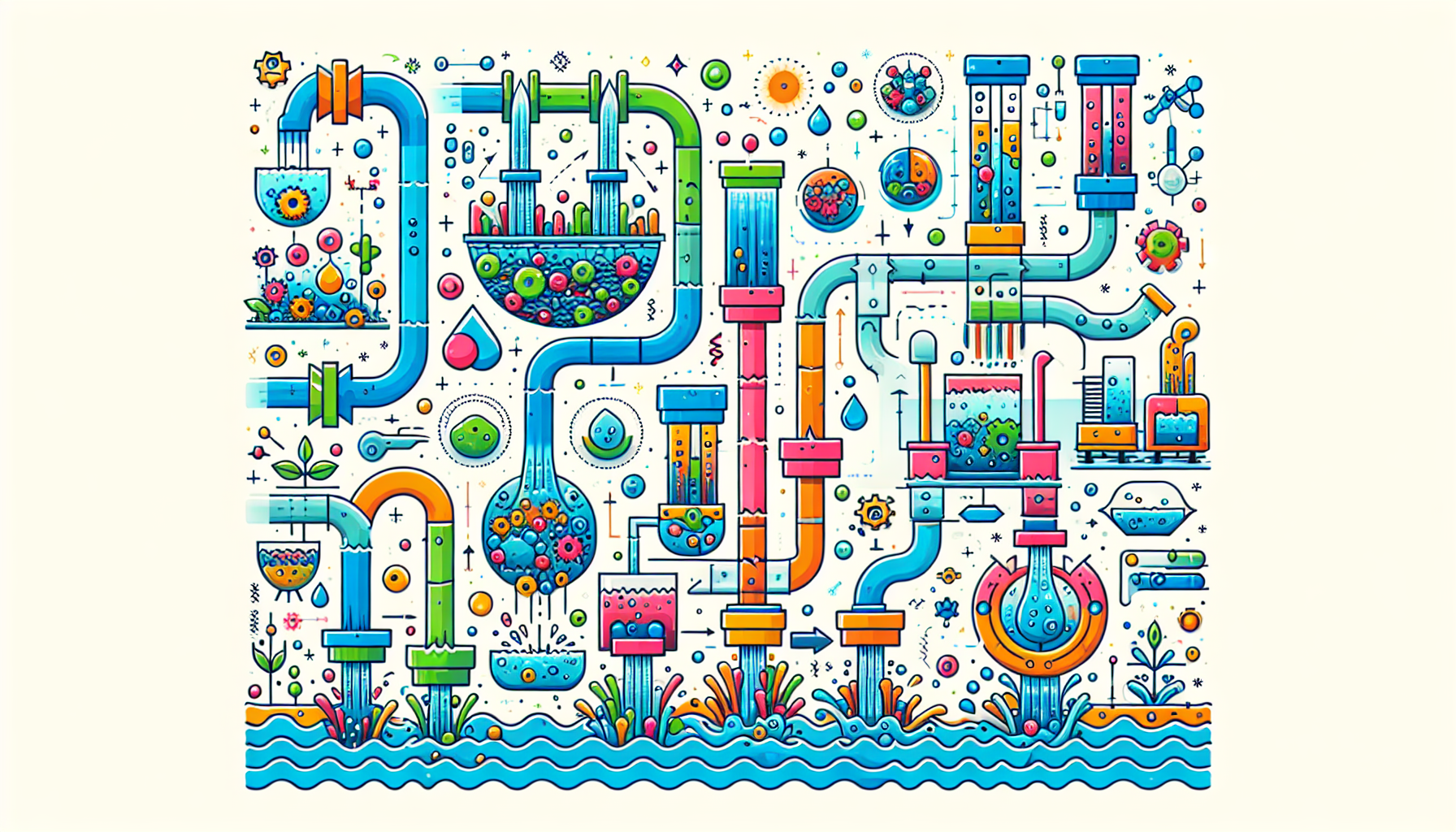 An illustration depicting the treatment process of greywater for safe use.