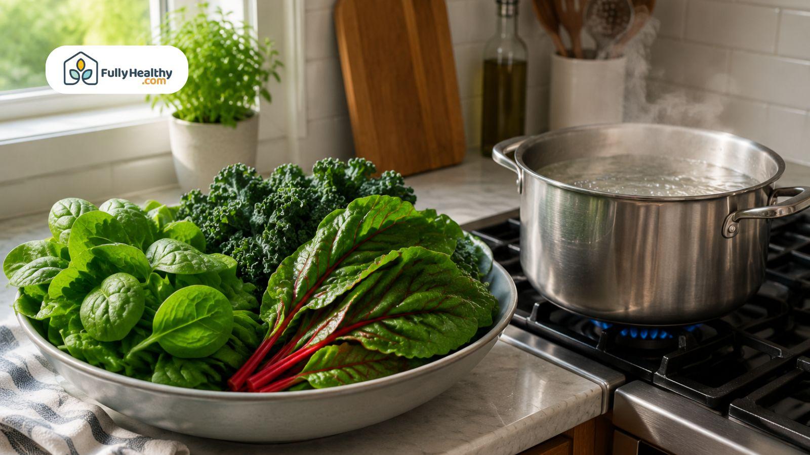 Fresh leafy greens including spinach, kale, swiss chard near boiling water