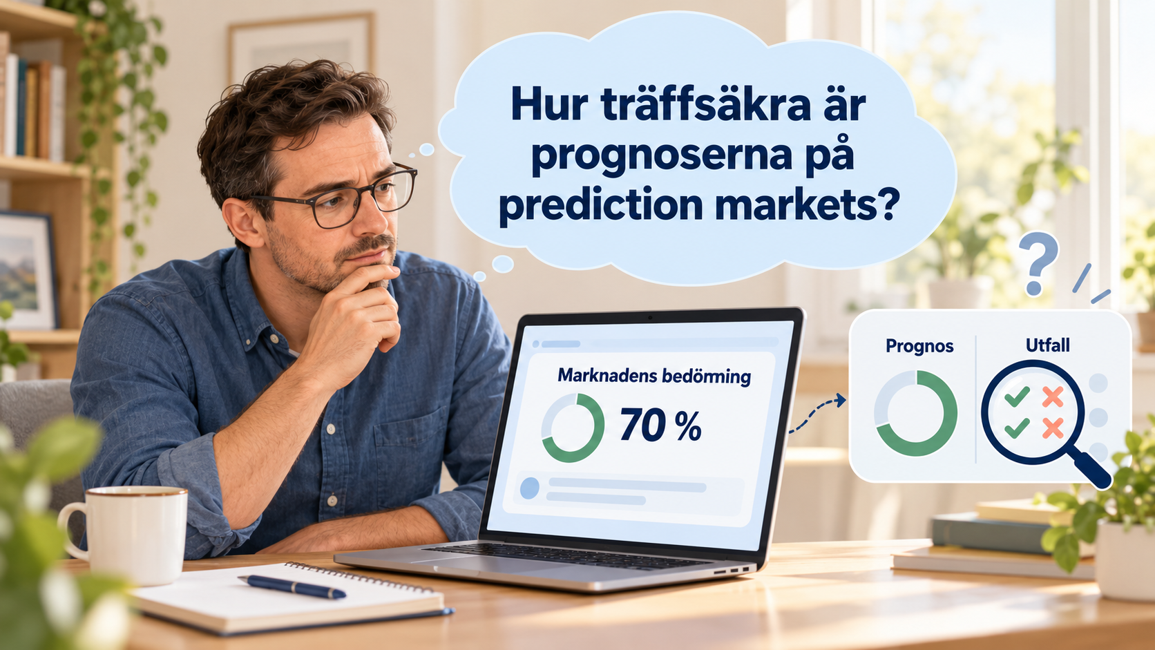 Man granskar en prognos på 70 procent och en illustration som jämför marknadens bedömning med faktiska utfall.
