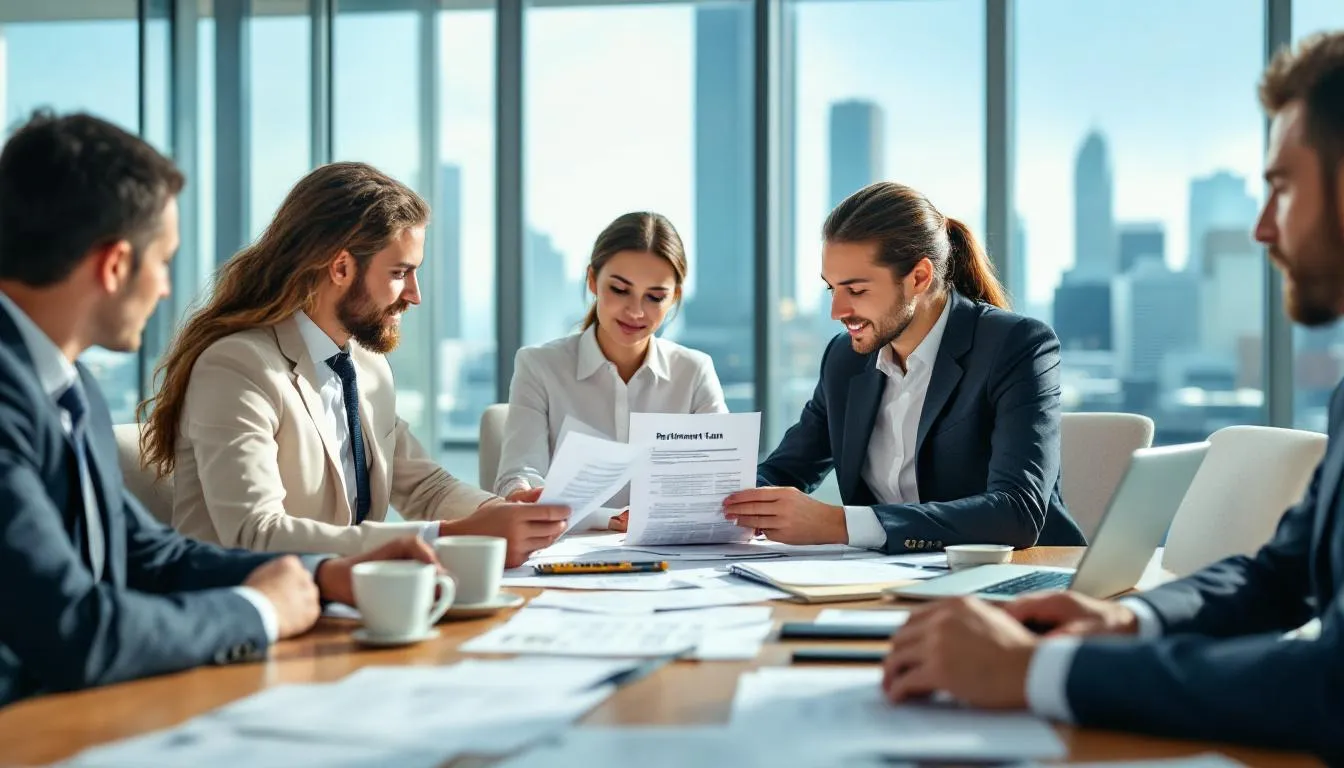A group of professionals is engaged in a business meeting, reviewing various retirement plan documents, including defined benefit plans and defined contribution plans. They are discussing the implications of these plans for small business owners and the retirement benefits available to eligible employees.