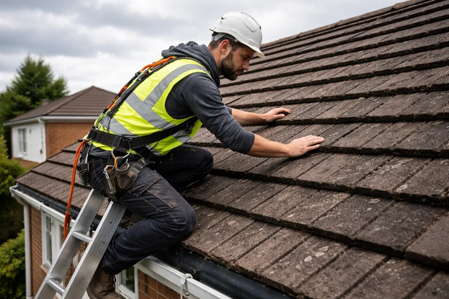 professional roofing contractor inspecting roof tiles on UK home