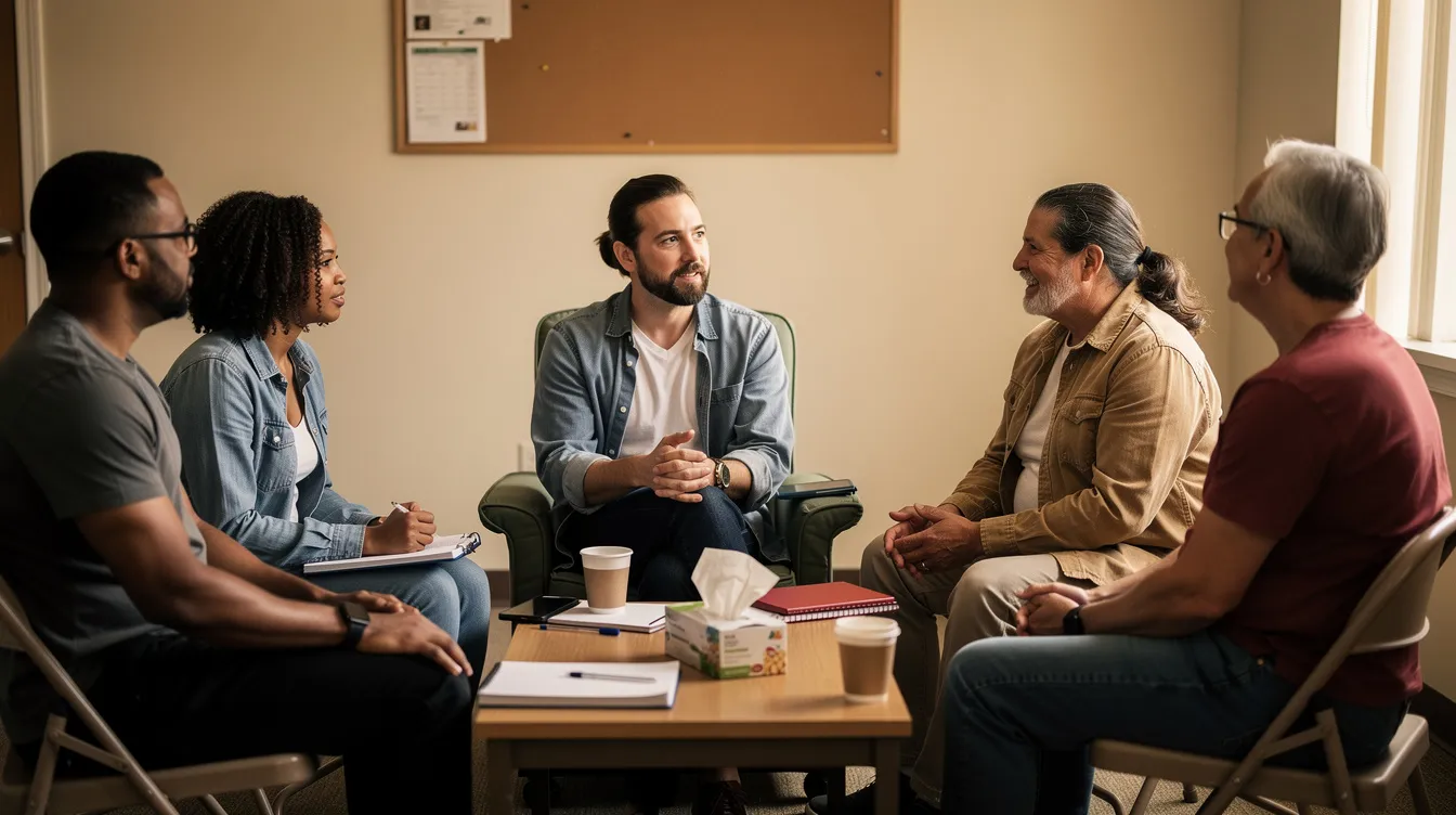 A small group of adults is gathered in a supportive recovery meeting, sharing their experiences related to overcoming addiction. The atmosphere is one of understanding and encouragement, highlighting the importance of a solid support system in the recovery process for those dealing with substance use disorders.