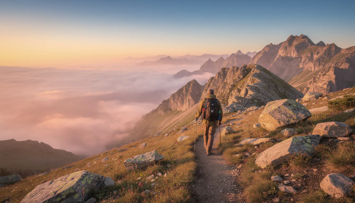 A solo hiker walks along a winding mountain trail at sunrise, surrounded by breathtaking views of mist blanketing the valley below. This serene outdoor adventure captures the essence of hiking solo, as the hiker embraces the tranquility of nature on their journey.