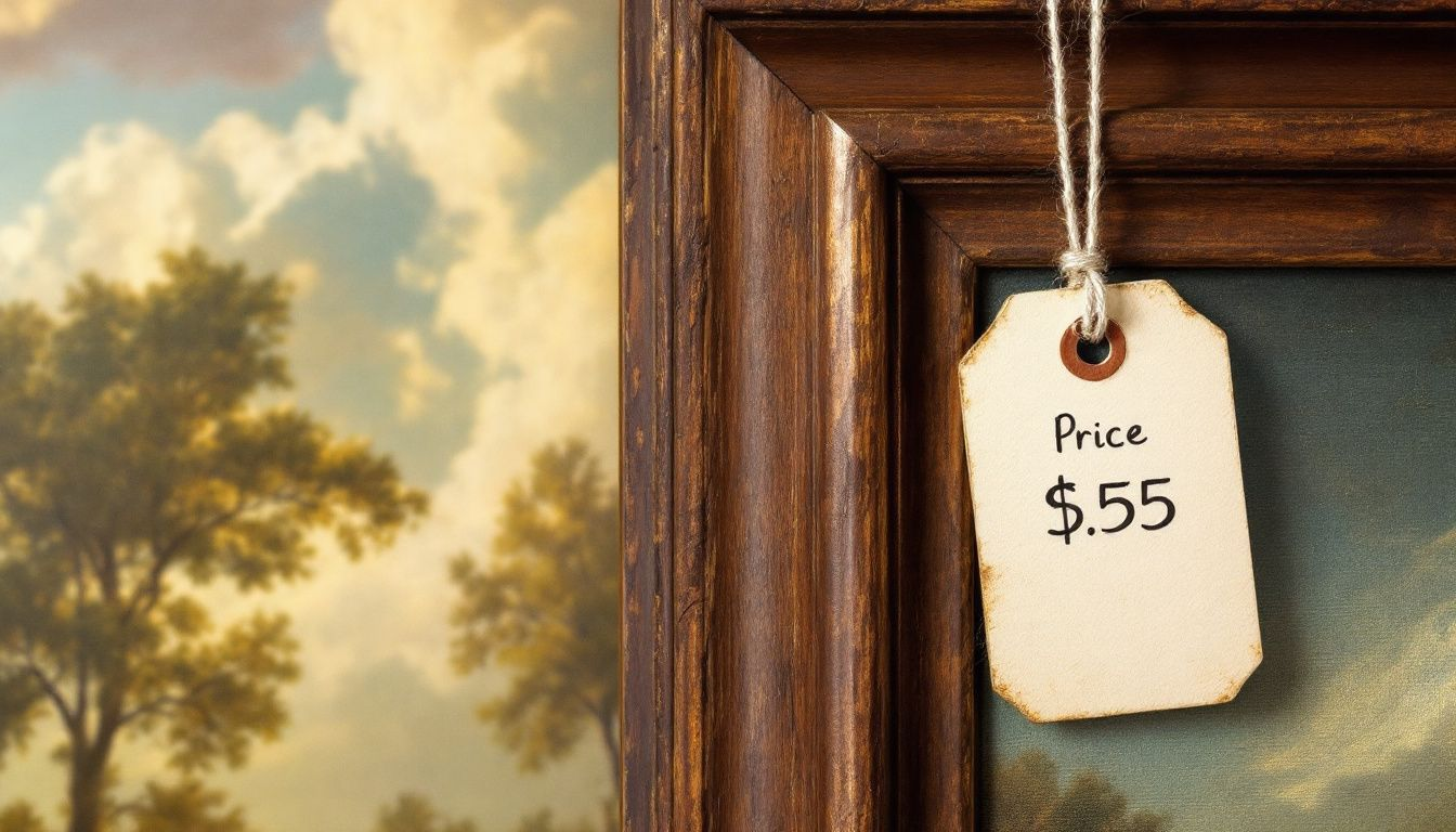 A price tag on a beautiful oil painting reproduction.