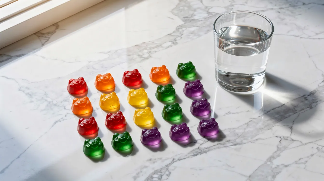 The image features an array of colorful mushroom gummies, including varieties like reishi and lion's mane, neatly arranged on a white marble surface beside a glass of water. These gummies are designed to enhance sleep quality and support restful sleep, making them an appealing option for those seeking natural sleep supplements.