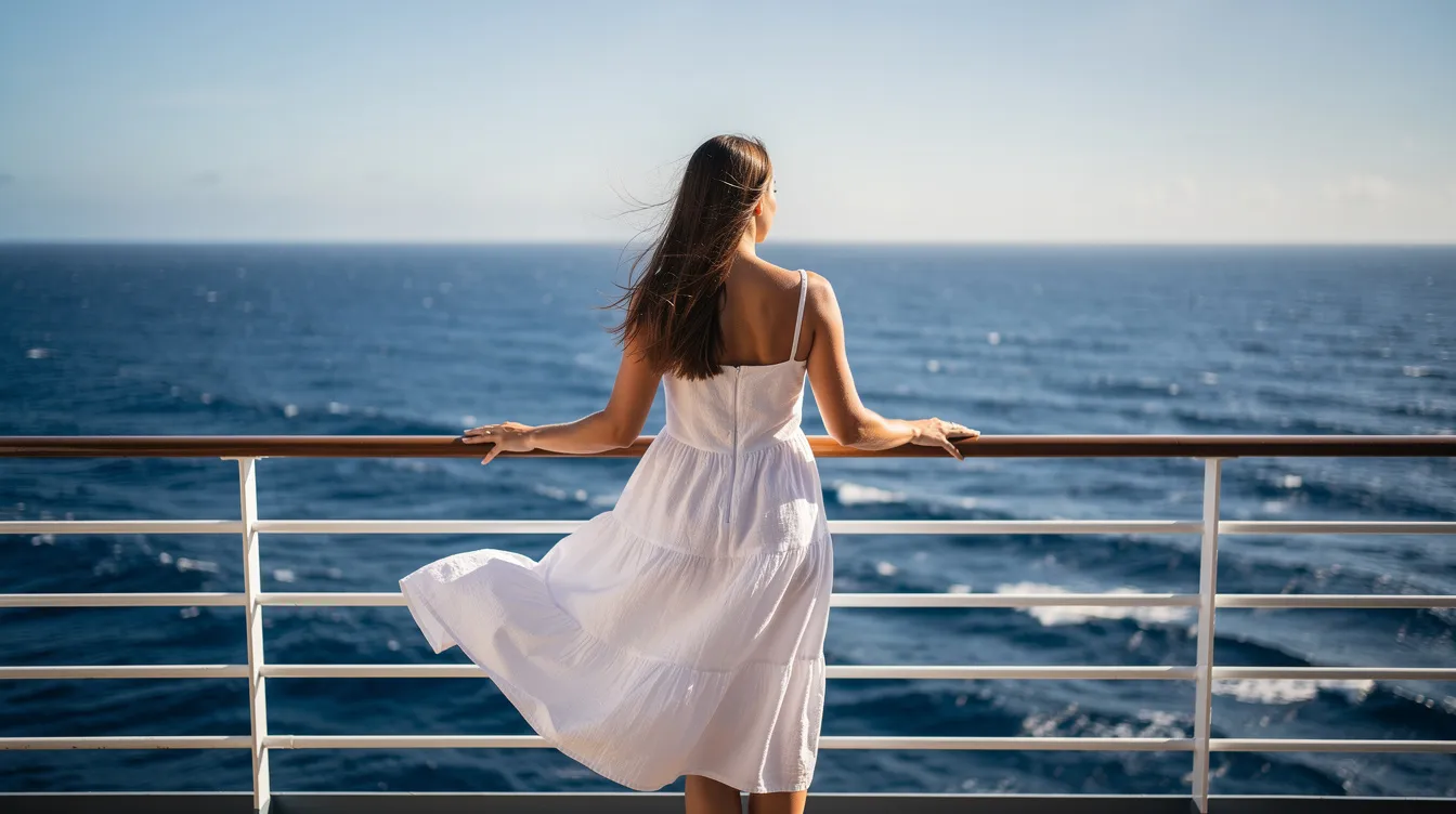 A woman stands gracefully on the deck of a cruise ship, wearing a flowing white cotton dress that sways gently in the ocean breeze, with the vast blue sea stretching out behind her. She embodies a relaxed yet stylish vibe, ideal for cruise outfits, perfect for enjoying the sun and sea during her vacation.