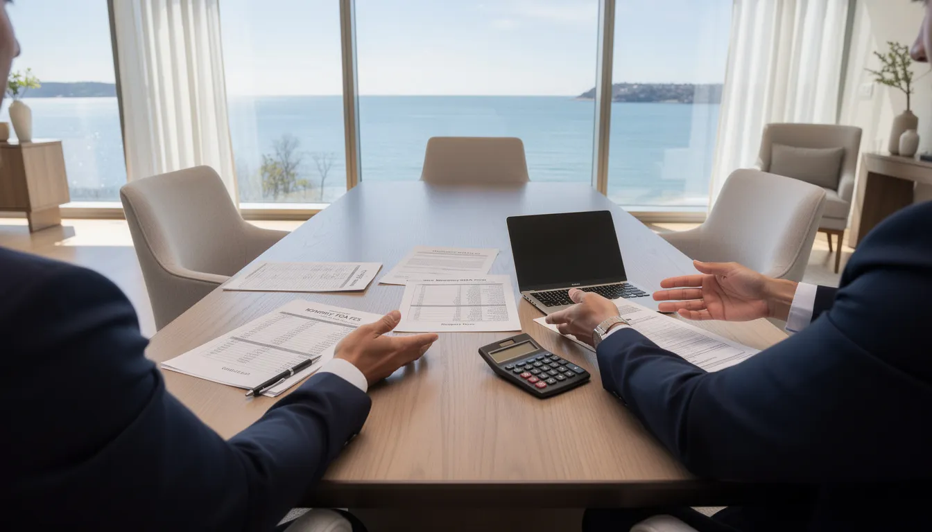 The image shows a modern meeting room in an upscale condo with a stunning view of the Connecticut shoreline, where individuals are discussing the costs associated with owning the condo. Papers detailing prices and information about the condos for sale are spread out on the table, emphasizing the real estate focus of the meeting.