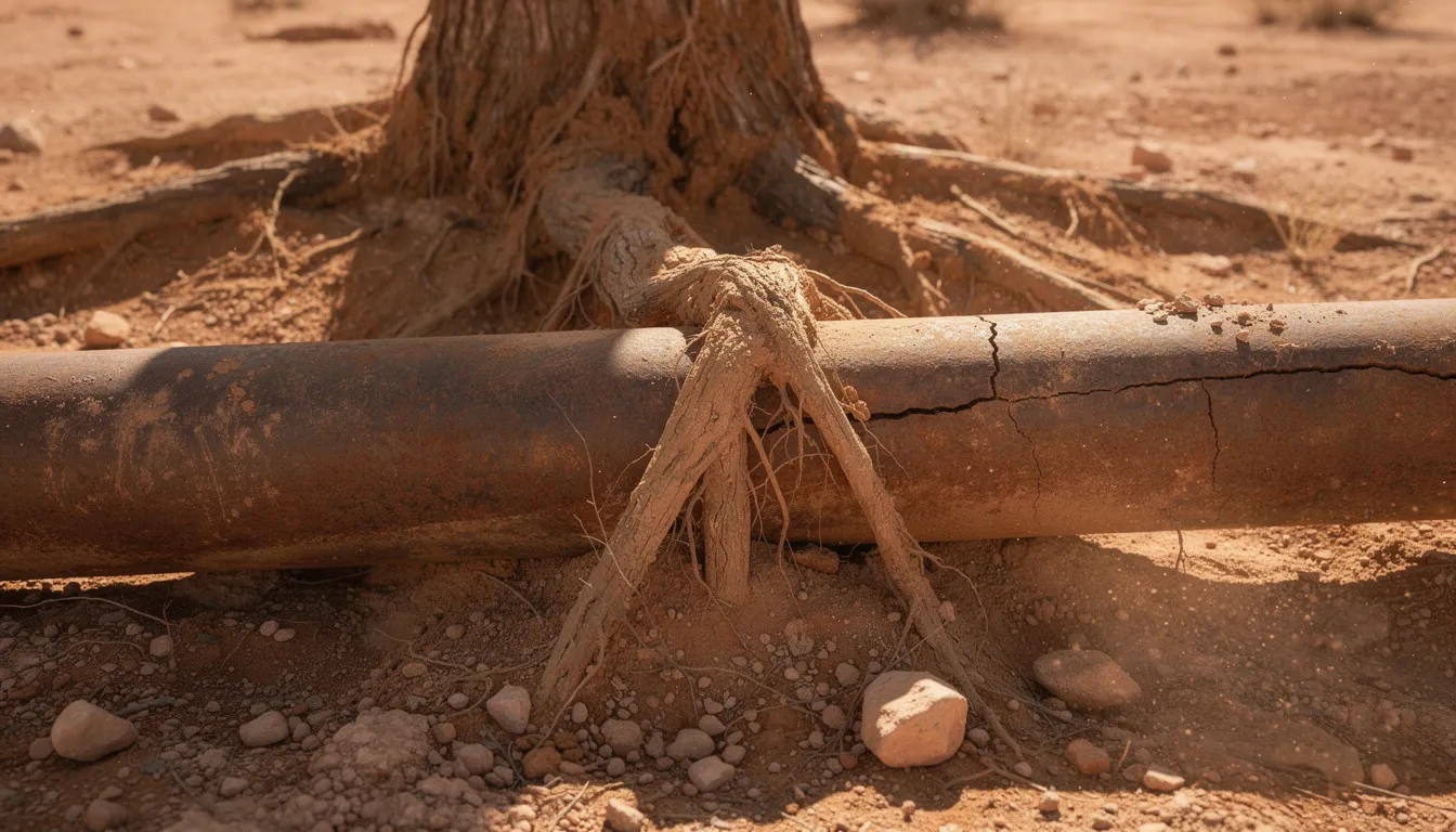 A close-up view of tree roots intricately intertwined with an underground pipe in desert soil, highlighting the potential for water line issues such as leaks or breaks that may require professional water line repair services. The image emphasizes the impact of natural elements on plumbing systems, which can lead to costly repairs for homeowners.