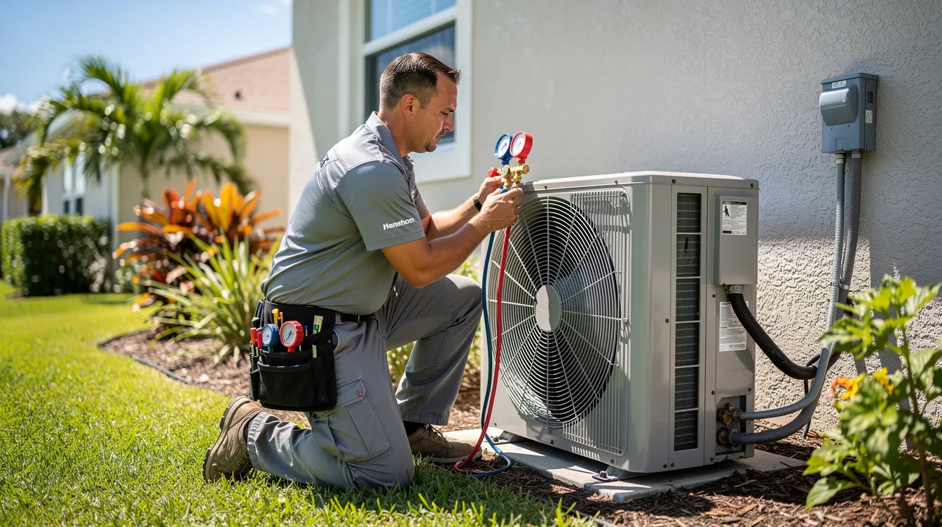A home service technician is working on a residential air conditioning unit in Florida, demonstrating professionalism and expertise in HVAC maintenance. This skilled technician is part of a trusted team dedicated to providing excellent service to Ocala residents and ensuring their HVAC systems operate efficiently.