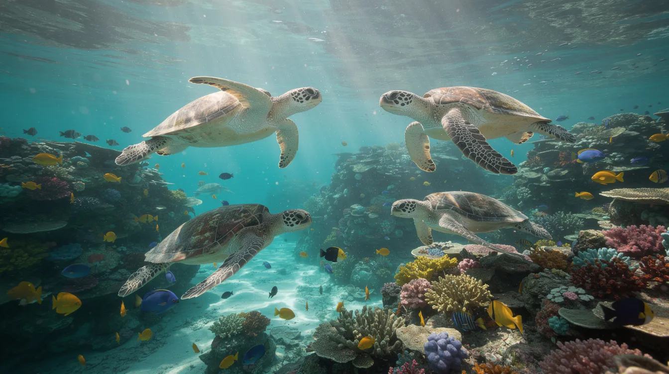 Imagem de tartarugas marinhas nadando em águas cristalinas, cercadas por recifes de coral vibrantes e peixes tropicais coloridos, em um cenário paradisíaco que remete ao Caribe, especificamente à ilha de Curaçao. Este ambiente subaquático exuberante é um convite para explorar a rica vida marinha e desfrutar de experiências inesquecíveis durante as férias.