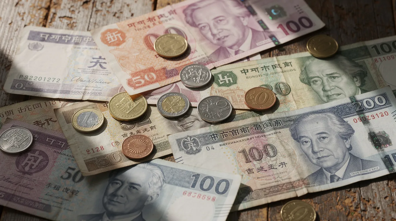 An assortment of currency notes and coins from multiple countries is neatly arranged on a wooden surface, showcasing the diversity of international payments and cross border transactions. This visual representation highlights the importance of cross border payment solutions in facilitating global trade and financial interactions across different markets.