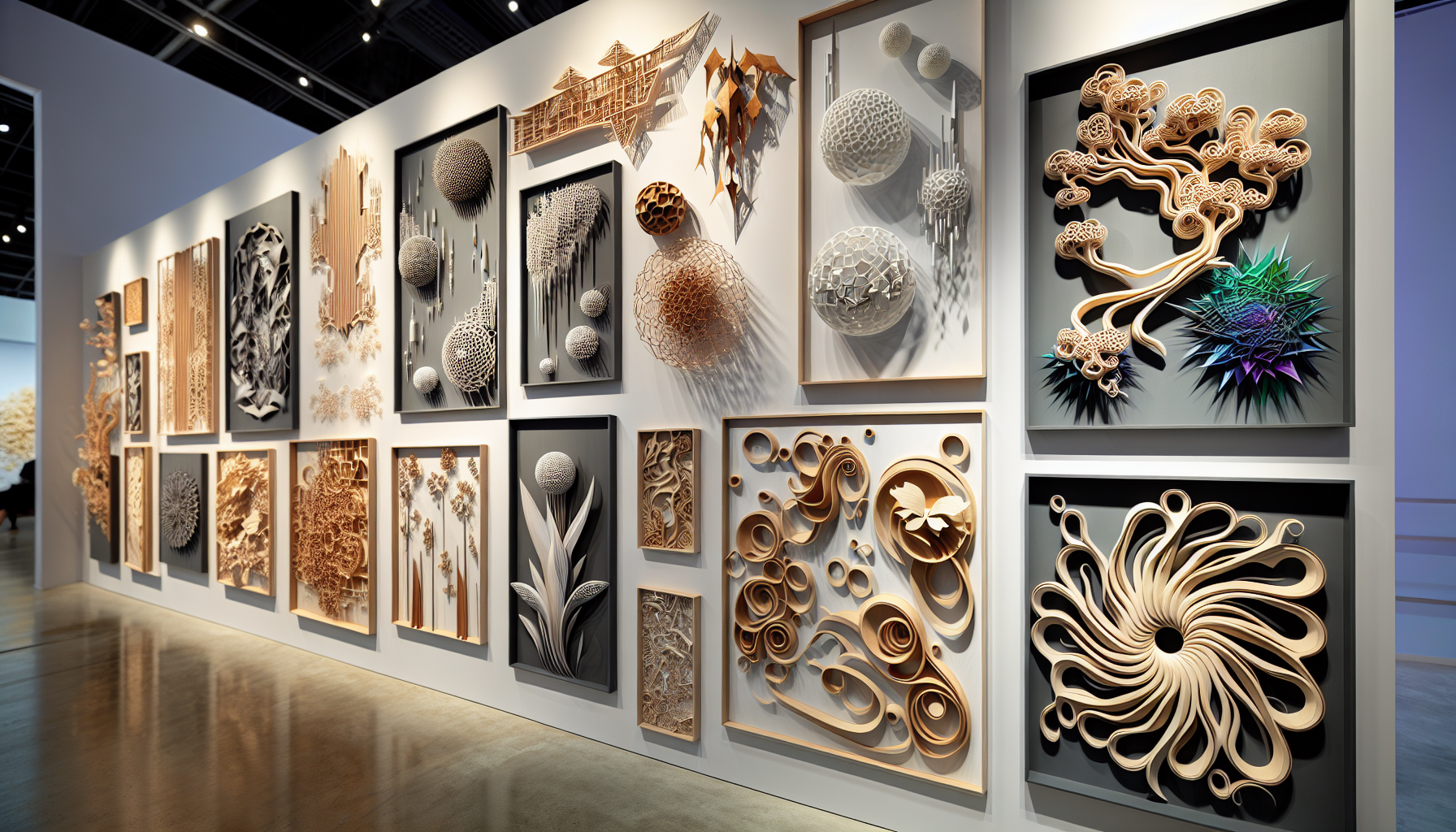 Variety of 3D wall art options including wood panels, metal sculptures, and papercraft art
