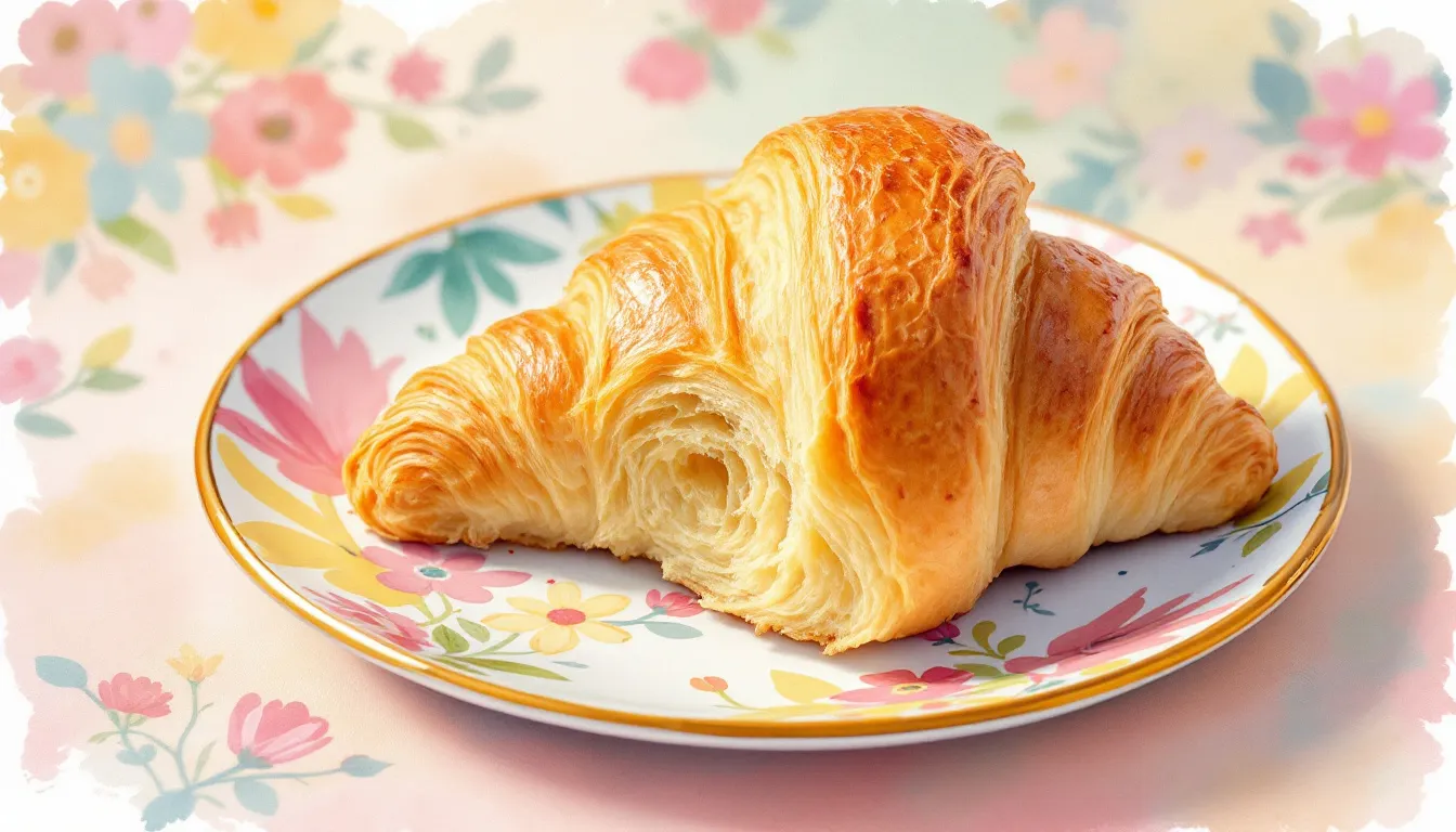 A freshly baked croissant, showcasing its flaky layers and golden-brown color, a classic french pastry.