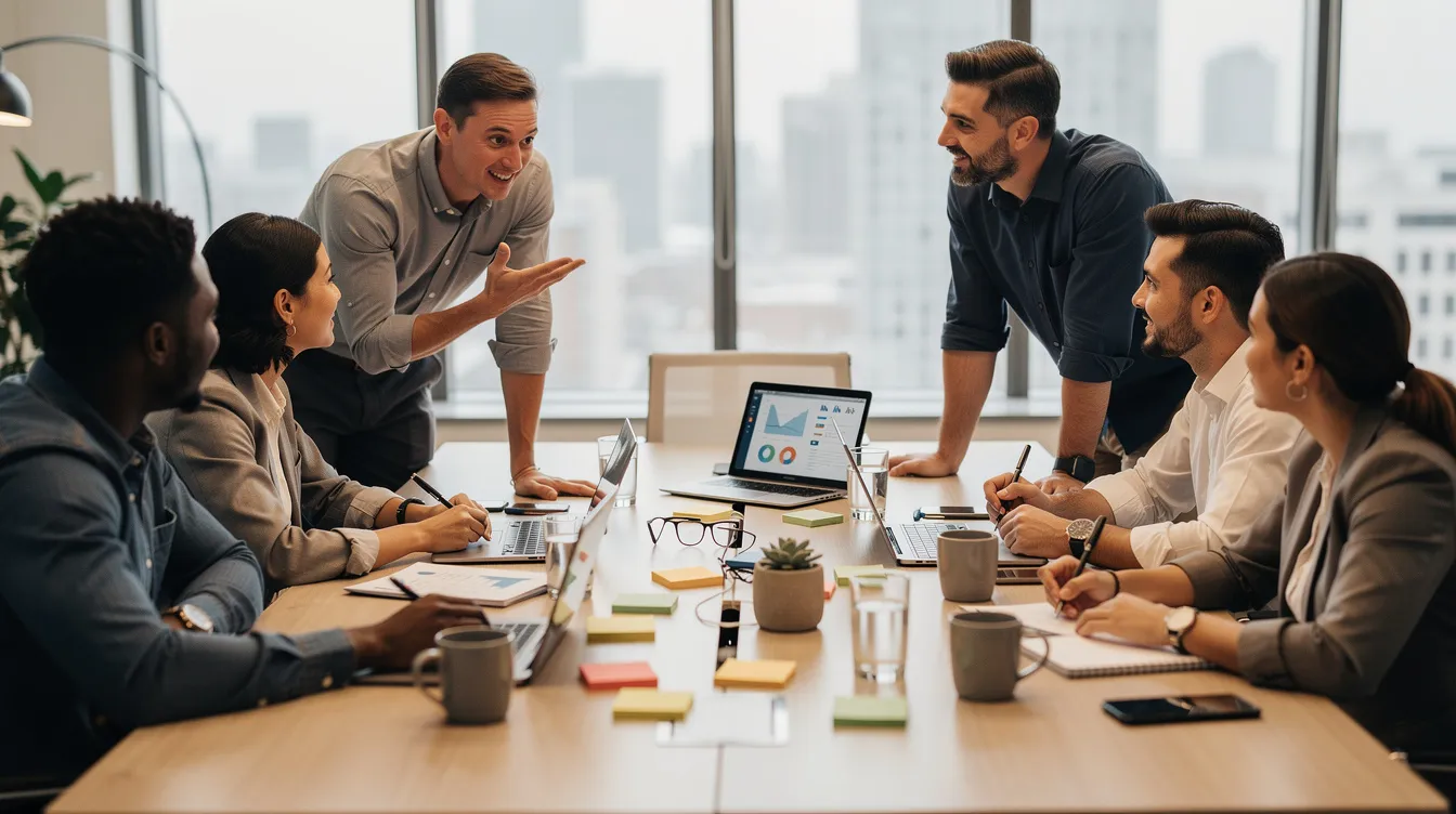 A diverse group of team members is engaged in a collaborative discussion around a table, demonstrating empathetic leadership through active listening and emotional intelligence. Their interaction reflects a deeper understanding of each other's perspectives, fostering positive relationships and enhancing team performance.