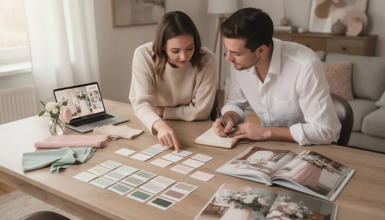 Un couple est assis à une table, entouré d'échantillons de couleurs et de magazines, en train de planifier la décoration de leur mariage. Ils examinent des idées pour la déco de table, les accessoires et les thèmes de leur cérémonie, cherchant l'inspiration pour créer une ambiance unique.