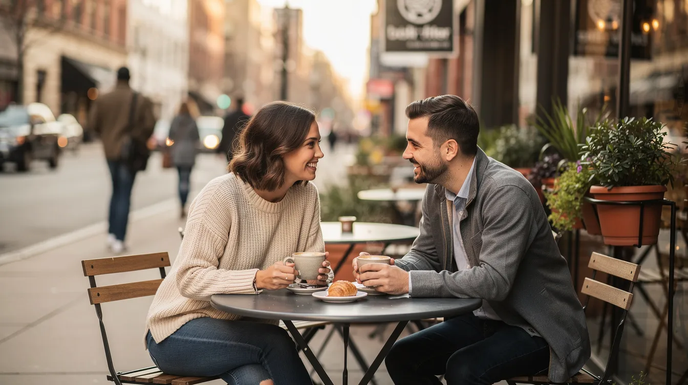 A young couple sits at a small café table in an urban setting, enjoying coffee together while engaging in a meaningful conversation. This scene captures the essence of modern dating in NYC, where busy professionals seek quality connections amidst their career ambitions.