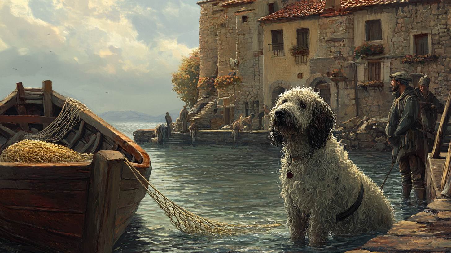 Spanish Water Dog assisting fishermen in an 18th-century coastal village, retrieving nets from the water near a rustic wooden boat with a serene sea in the background.