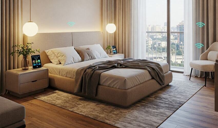Luxury bedroom in Pune with smart climate control, wellness lighting, and a serene, cozy atmosphere.