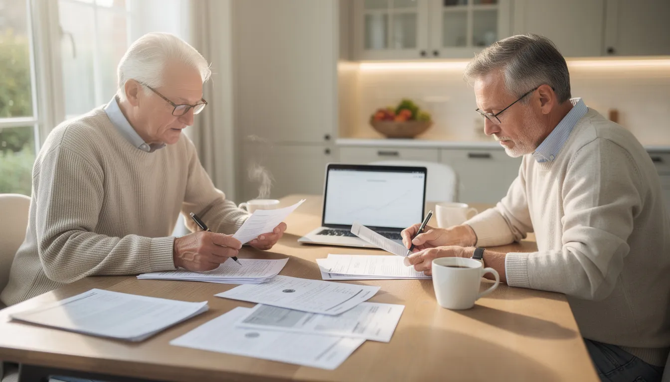 A couple in their early sixties is seated at a kitchen table, reviewing financial documents with coffee cups in front of them. They appear focused on their retirement income planning, discussing their retirement savings and strategies for managing healthcare costs as they prepare for their retirement journey.