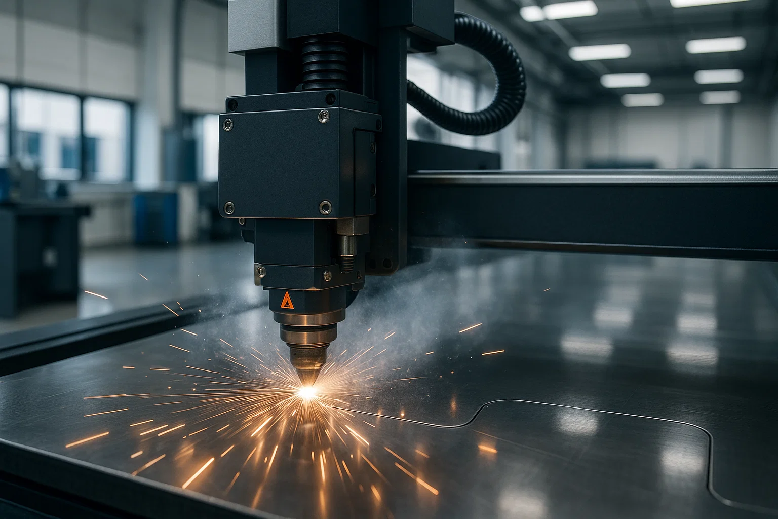 Close-up of CNC profiling machine delivering precise, repeatable cuts on stainless steel in a modern fabrication workshop.