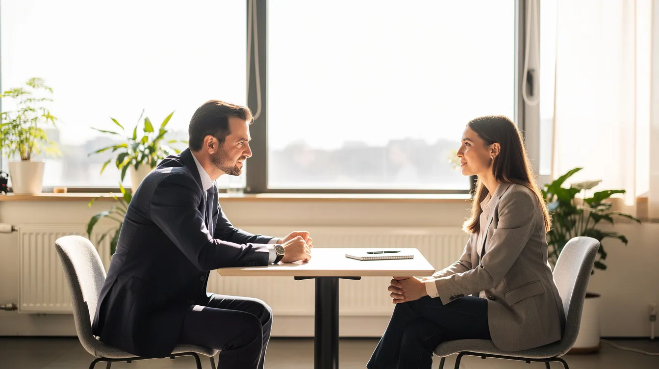Un manager discute calmement avec un membre de son équipe dans un bureau lumineux, favorisant un environnement de bien-être au travail. Cette interaction met en avant l'importance de la gestion des émotions et de la communication dans le milieu professionnel.