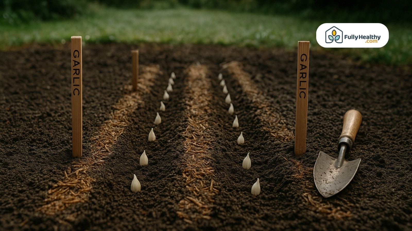 Neatly planted garlic rows marked with wooden stakes and garden trowel
