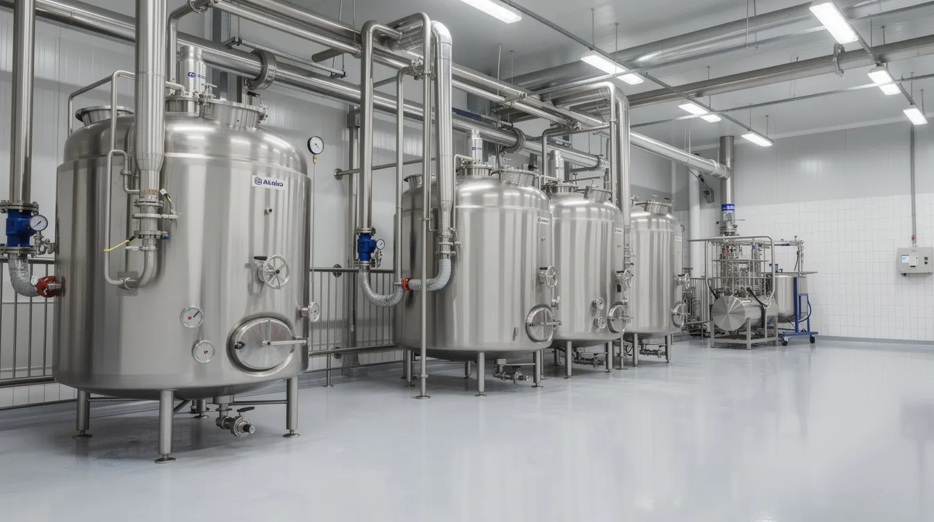 fca5e7c7 5e57 456e b137 f67a25619584 The image depicts an industrial dairy processing line featuring stainless steel tanks and extensive piping in a clean factory environment, essential for cheese manufacturing. This setup highlights the machinery and technology requirements necessary for efficient cheese production, while ensuring compliance with key regulatory procedures and quality control checks.