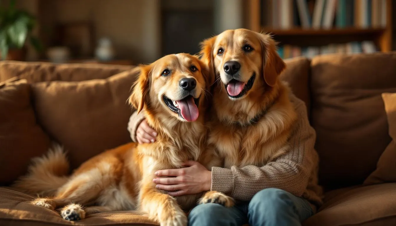 A happy dog is affectionately licking its owner