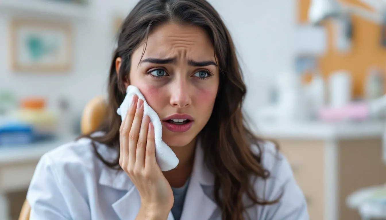 The image depicts a dental office setting, where a patient is consulting with a dentist about a dental emergency, such as a knocked-out tooth or severe tooth pain. The environment is equipped with dental tools and a comfortable chair, emphasizing the importance of seeking timely emergency dental care for urgent situations.