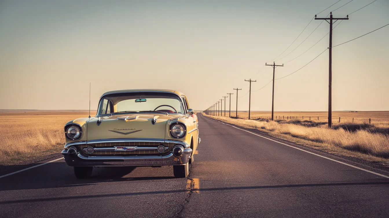 A classic 1950s Chevrolet Bel Air glides down a lonely two-lane highway, surrounded by flat golden plains and lined with telephone poles stretching into the distance, embodying the spirit of the historic Route 66 and the freedom of the open road. This nostalgic scene captures the scenic beauty and adventure of America’s mother road.