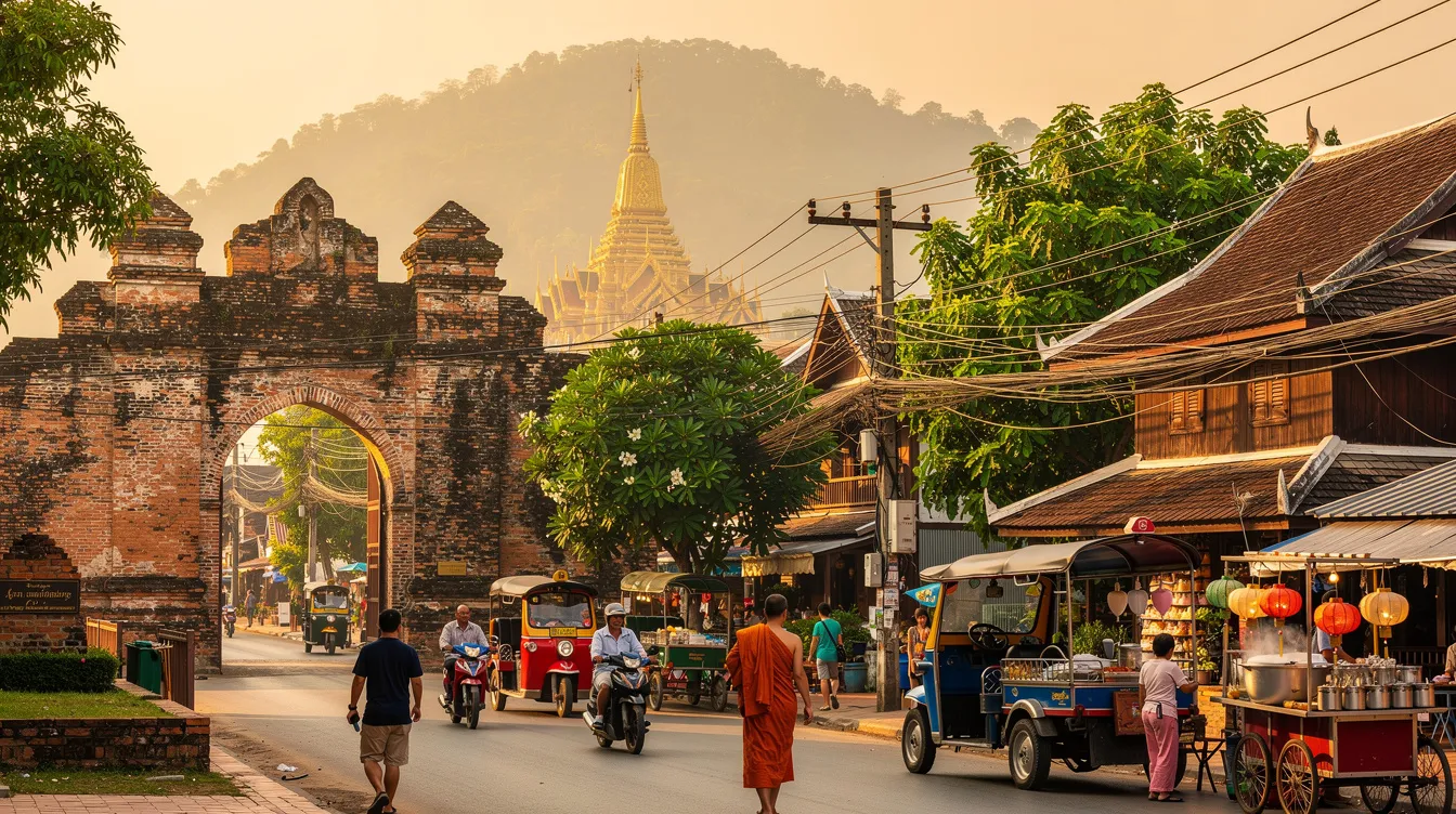 A imagem retrata a cidade de Chiang Mai, na Tailândia, destacando seus famosos templos budistas em meio a uma paisagem montanhosa. A cena captura a rica história e cultura local, oferecendo uma visão da vida noturna vibrante e das oportunidades de passeios pela cidade.