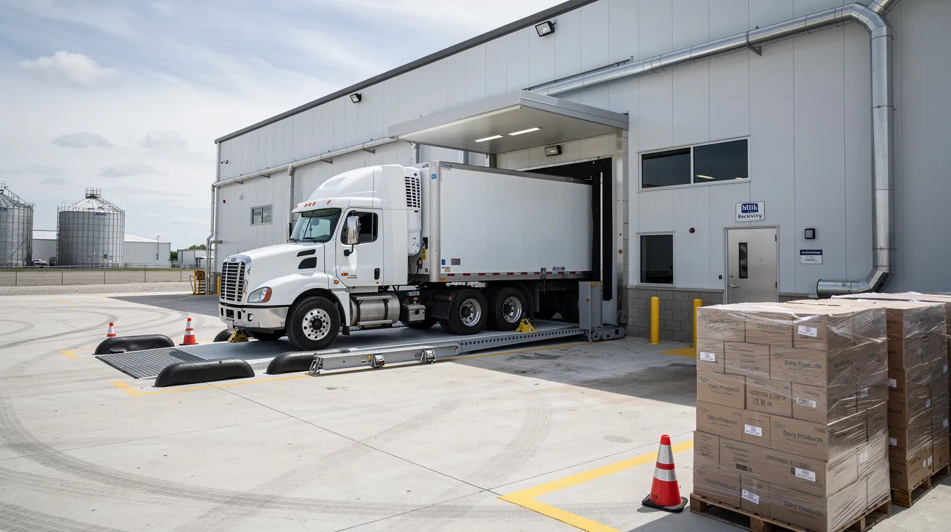 fca92f4b c9a0 4e00 b08c fc6216029802 A refrigerated truck is parked at the loading dock of a dairy processing facility, ready to deliver fresh dairy products. The scene highlights the importance of effective working capital management in the dairy industry, as the facility prepares to manage its inventory and cash flow efficiently.