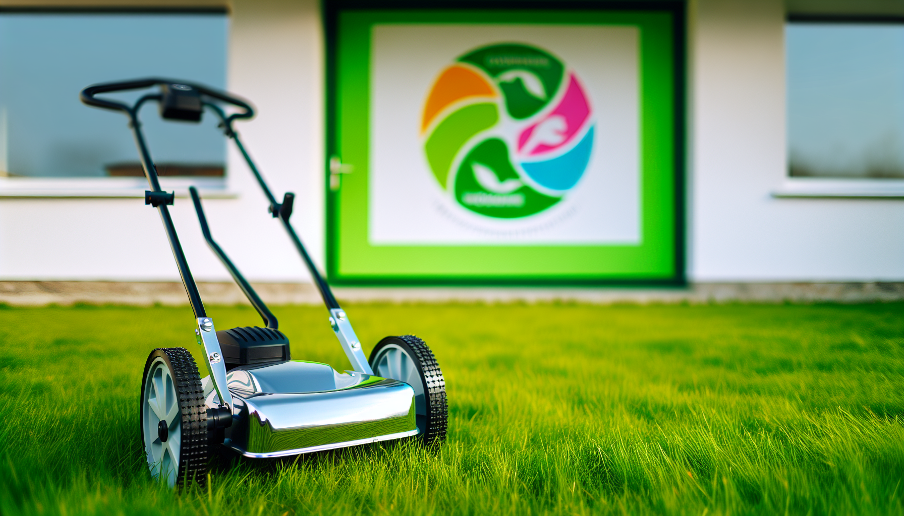 Eco-friendly push reel lawn mower with a small business logo in the background