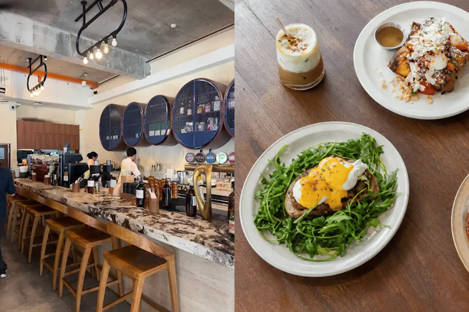 Common Man Coffee Roasters interior at Joo Chiat counter view with the staff preparing meals behind wooden patterned counter and chairs and their menu items neatly arranged in white plates on a wooden table.